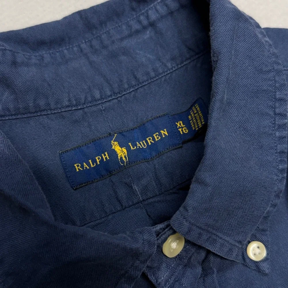 Ralph Lauren Button Down Shirt Mens XL Navy Blue Cotton Long Sleeve Red Pony